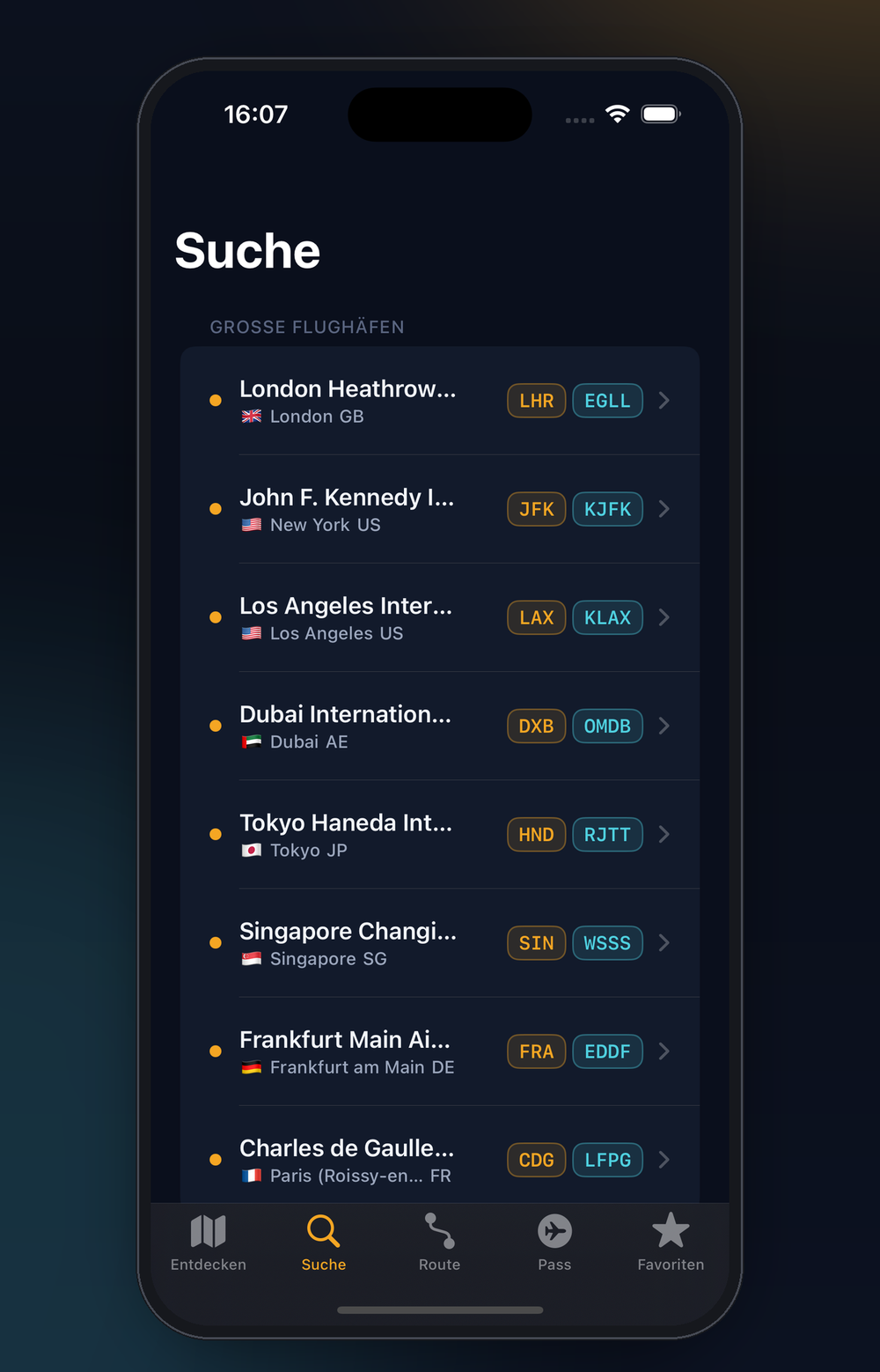 In der Suche stehen IATA- und ICAO-Code direkt nebeneinander.