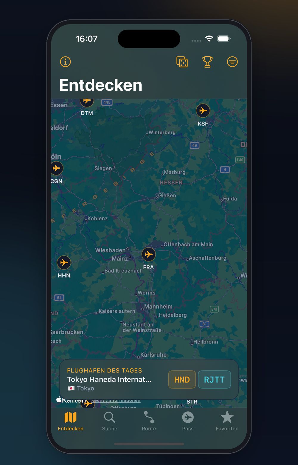 Flughäfen in deiner Nähe auf der Karte finden.